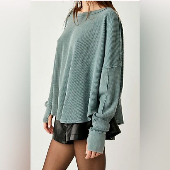 New! Free People Microphone Drop Thermal in Silver Pine Large - Picture 3 of 5